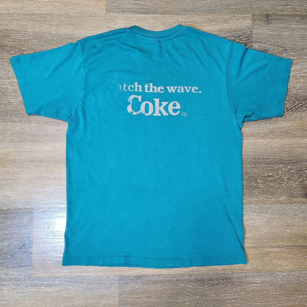 Hanes 90s Distressed Coke Teal Fifty-Fifty T-Shirt Vintage Made In USA Retro